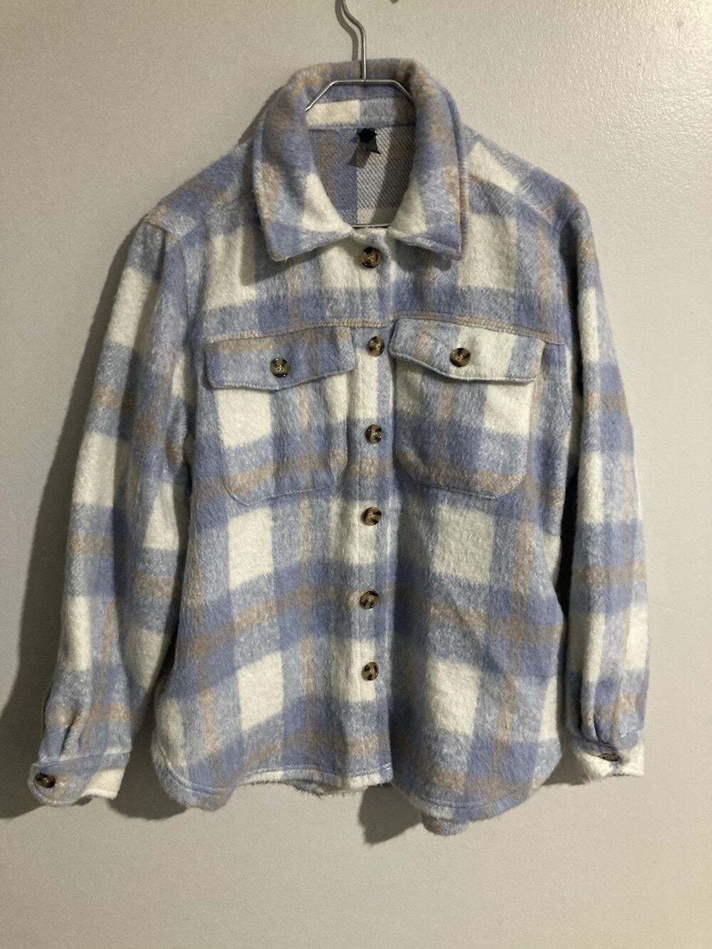 ALYA Women's Cottage Blue Plaid Button Front Pockets Warm Soft Jacket Size Large